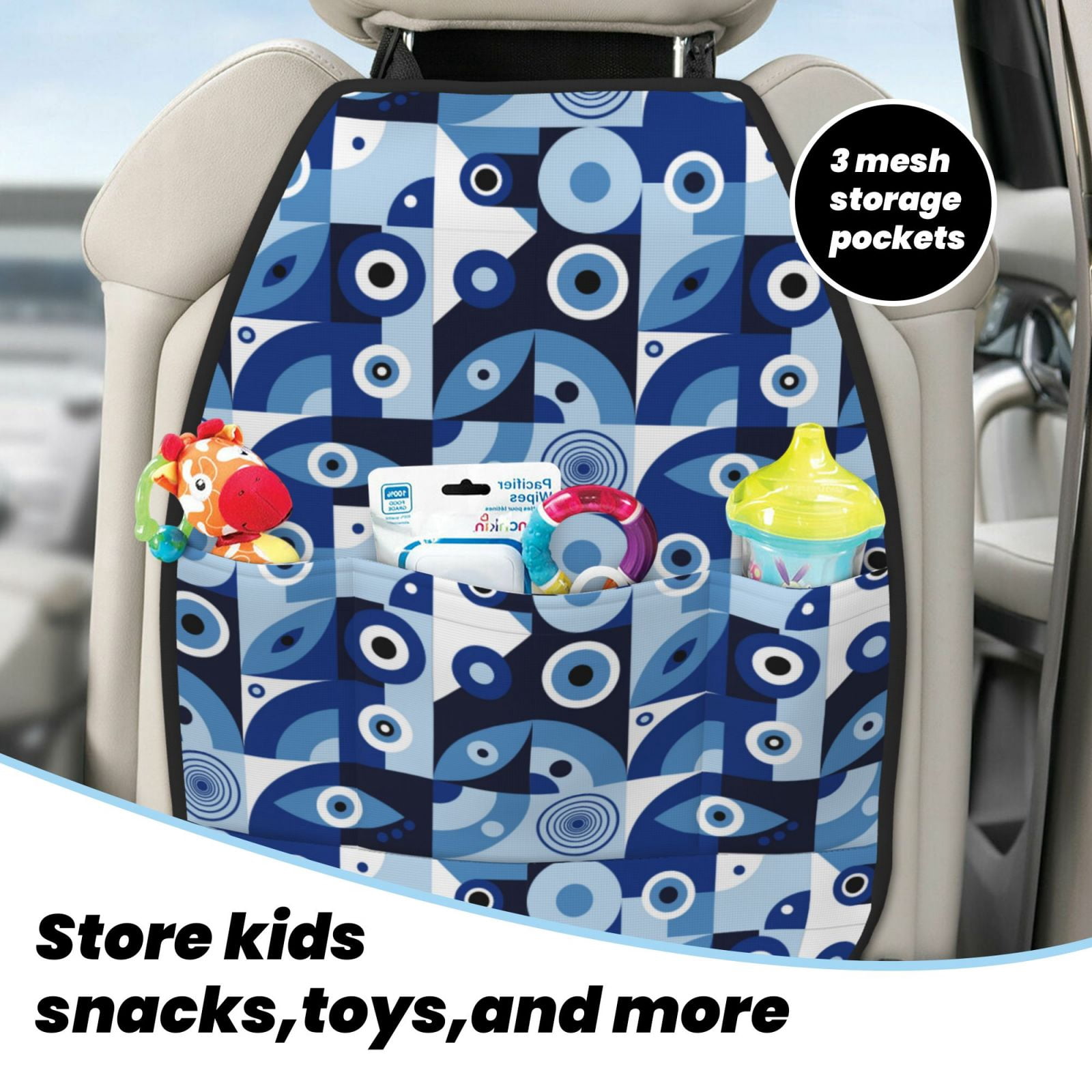 Kdxio Evil Eye Print 2 Pack Car Kick Mat Seat Cover Back Protector Mat with Pockets for Organizer Backseat Protector and Storage Anti Kick Pad for Vehicles