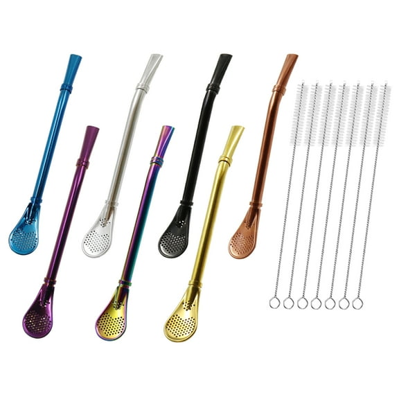 7 Pcs Stainless Steel Drinking Straws with Filter Spoon, Yerba Mate Bombilla, Reusable Stirring Spoon Set with 7 Pcs Cleaning Brush , for Coffee , Tea, Milk and Beverage, Soup .