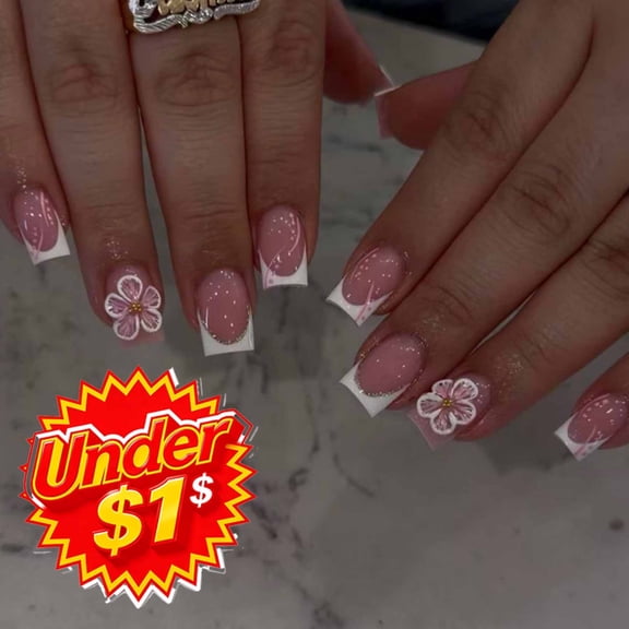 FEOLGEHLY Press on Nails Short, Medium Square French Wearable Fake Nails kit with Summer 3D Print, Glitter Gradient Nail Art Tips with 24 Nail Tabs Birthday Gift for Spring Summer Manicure Decor