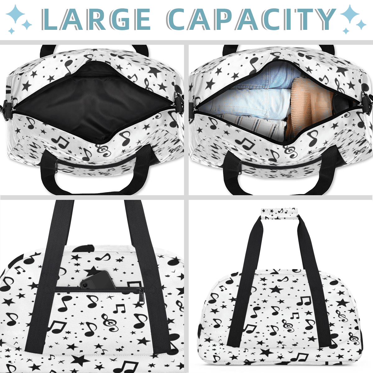 Herdesigns Black and White Music Sports Duffle Bag for Women & Men, Musical Notes Gym Bag Dance Bag Overnight Bag Carry On Weekender Travel Bag