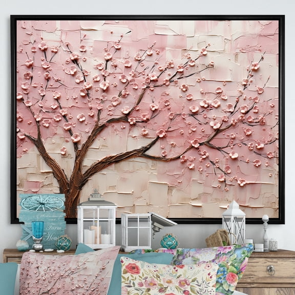 Designart "Pink and White Cherry Blossom Whisper" Floral Framed Wall Art - Traditional Pink Flowers Entryway Framed Wall Art Print