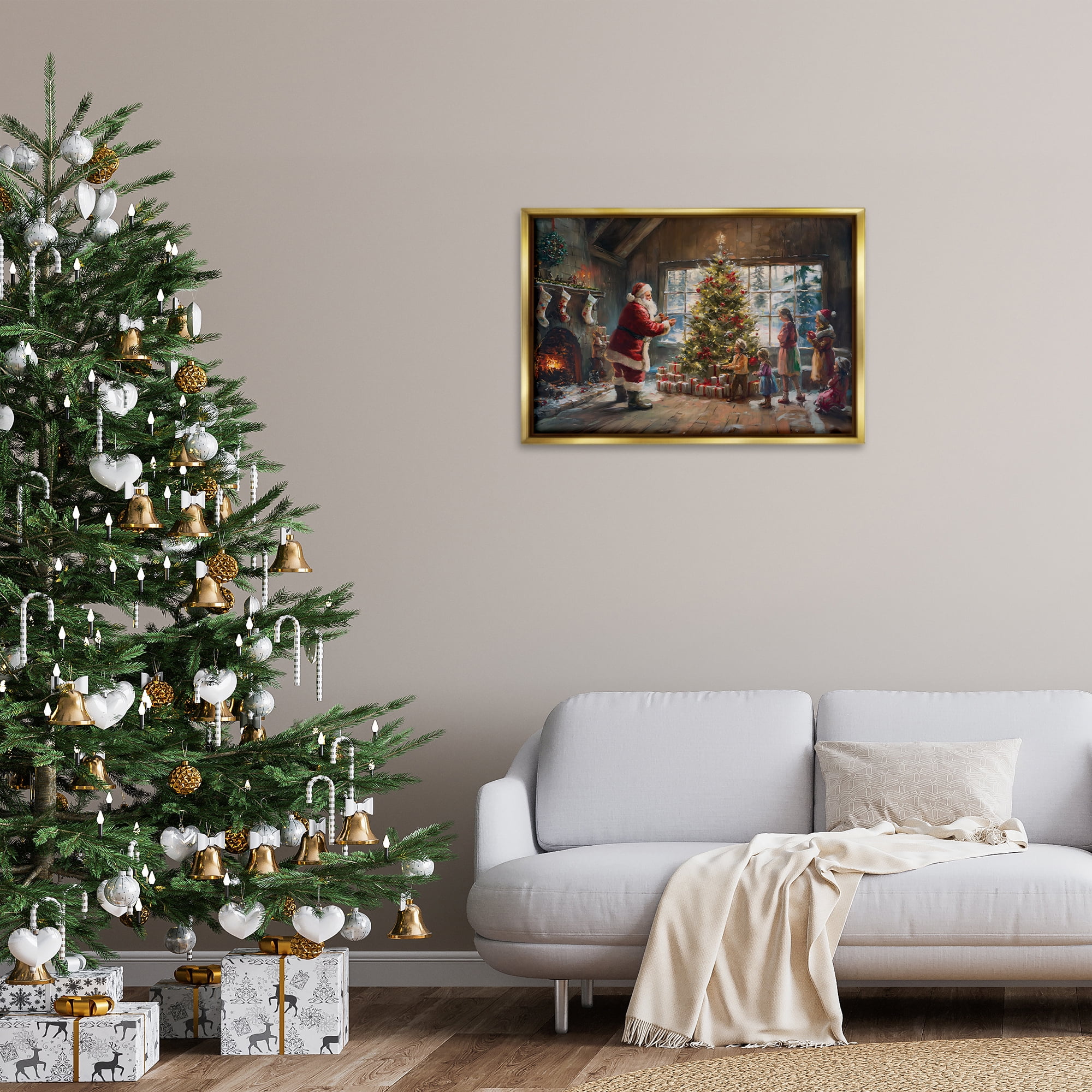 Stupell Industries Christmas Morning Family Holiday Painting Gold Floater Framed Canvas Art Prints Wall Art, 31 x 21