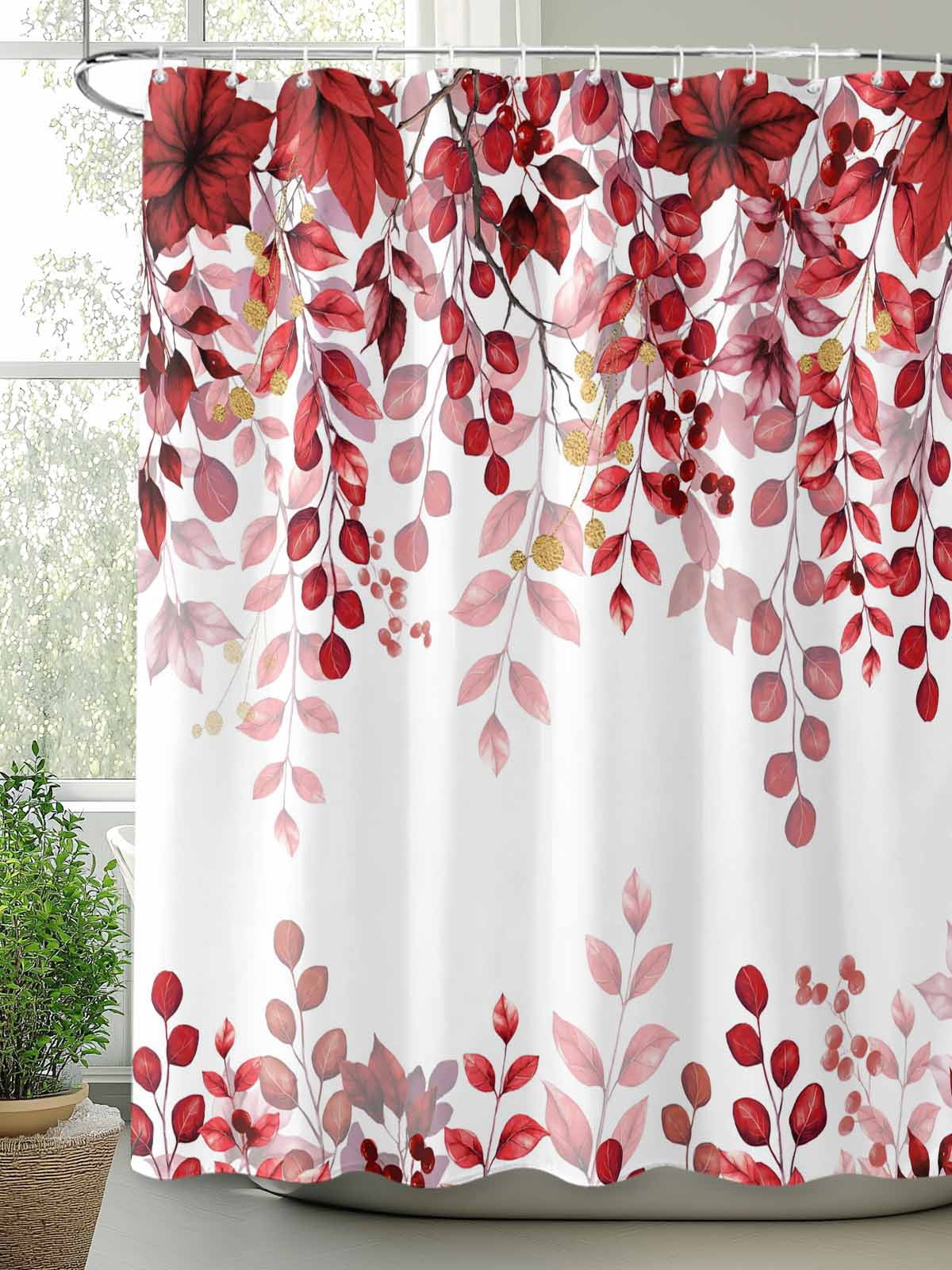 Red Eucalyptus Bathroom Curtain 78 Inch Shower Curtain with Hooks, Gold Branches Vintage Flower Plant Waterproof Polyester Bath Curtain Washable Bathtub Curtain 72''x 78''
