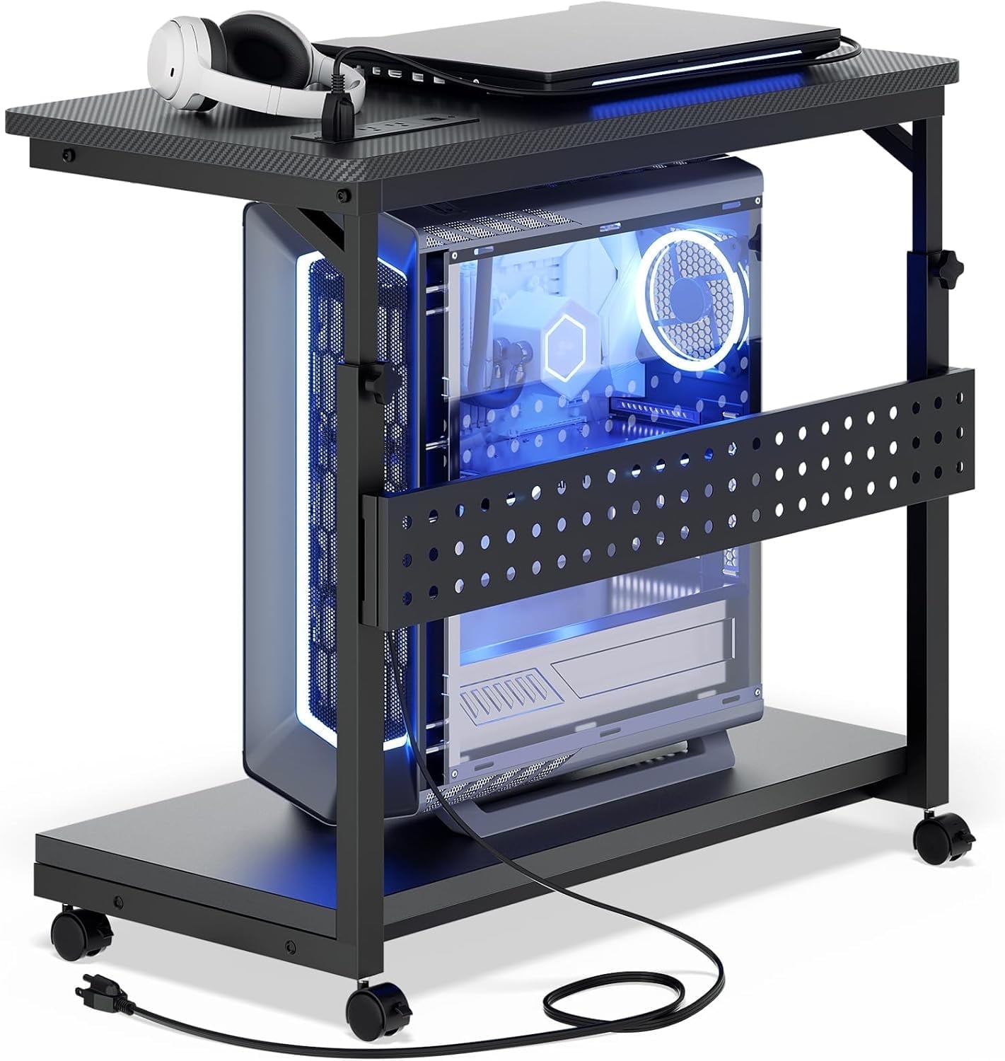 Homieasy 4 Levels Height Adjustable Computer Tower Stand with Power Strips - Mobile Under-Desk CPU Holder with Wheels, 24" Carbon Fiber,Carbon Fiber Black
