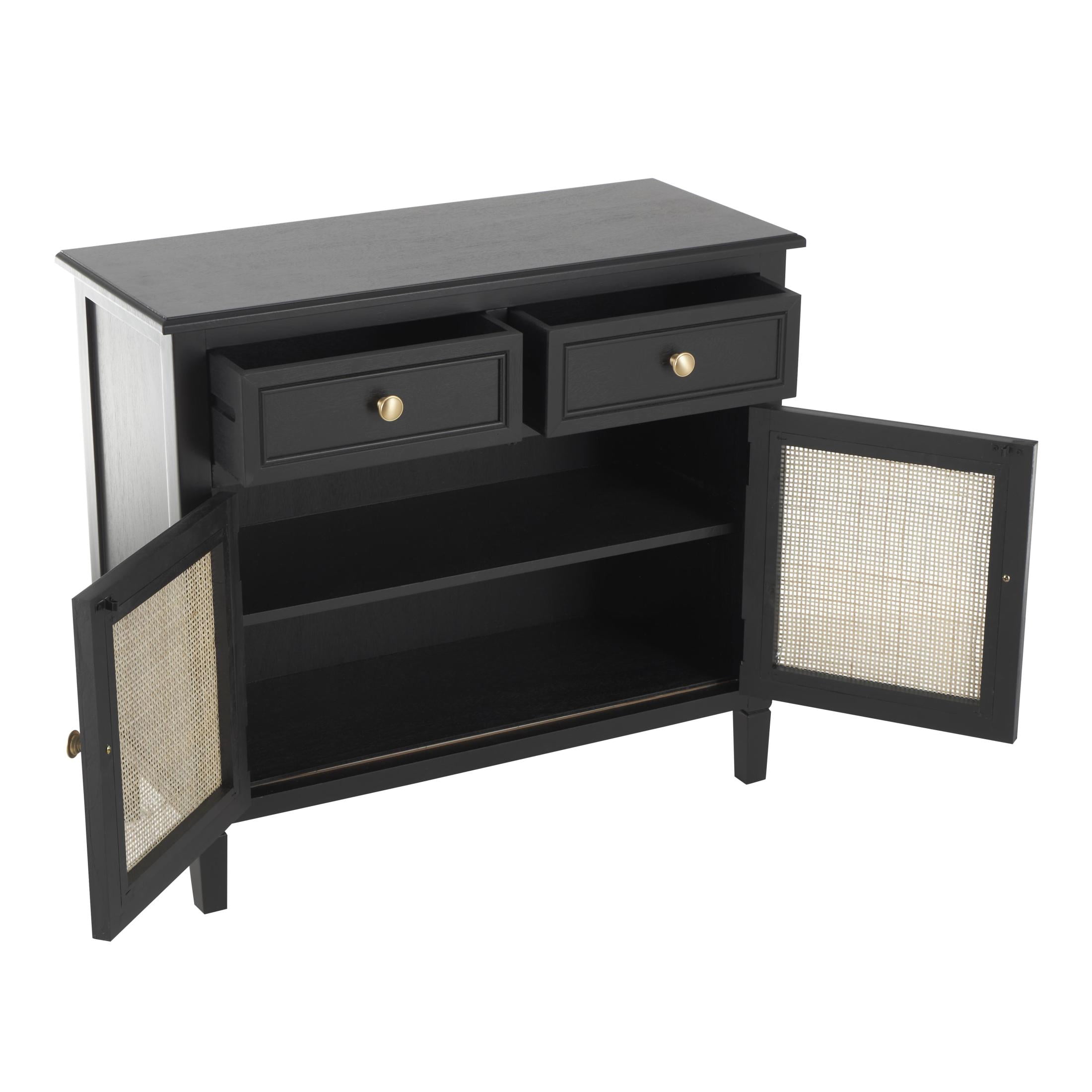 DecMode 30" x 26" Black Wood Handmade 2 Door and 2 Drawer Cabinet with Rattan Front, 1-Piece