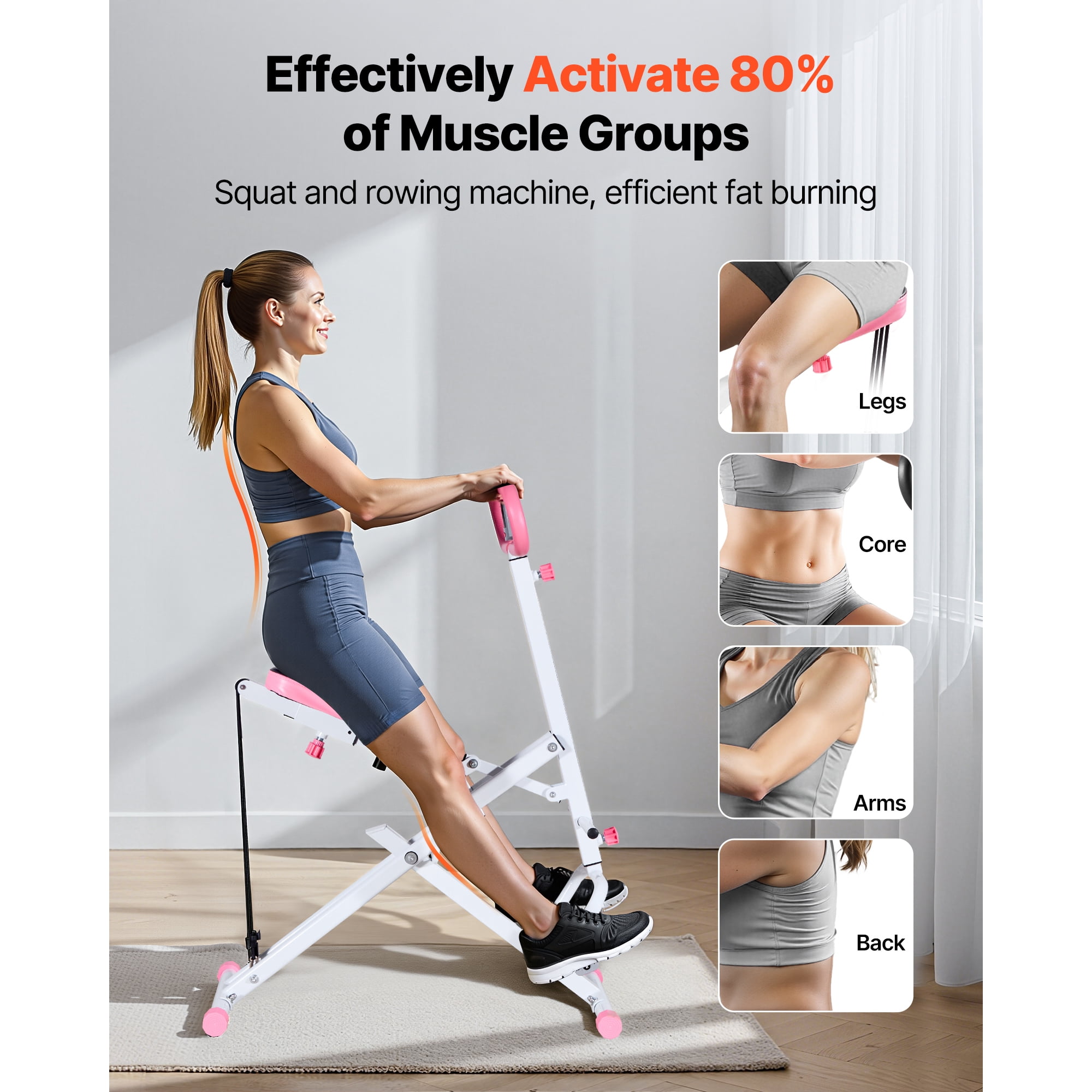 KFFKFF Foldable Squat and Rowing Machine for Home Workouts, Compact Exercise Equipment with 3 Durable Resistance Bands, Glute and Leg Training Machine, White