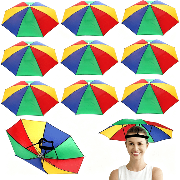 AOMRCOL 10 Pack Umbrella Hat,Rainbow Head Umbrella Cap with Elastic Band,21" Folding Waterproof Fishing Umbrellas Cap for Camping,Gardening,Beach Hiking,Outdoor Sun Protection