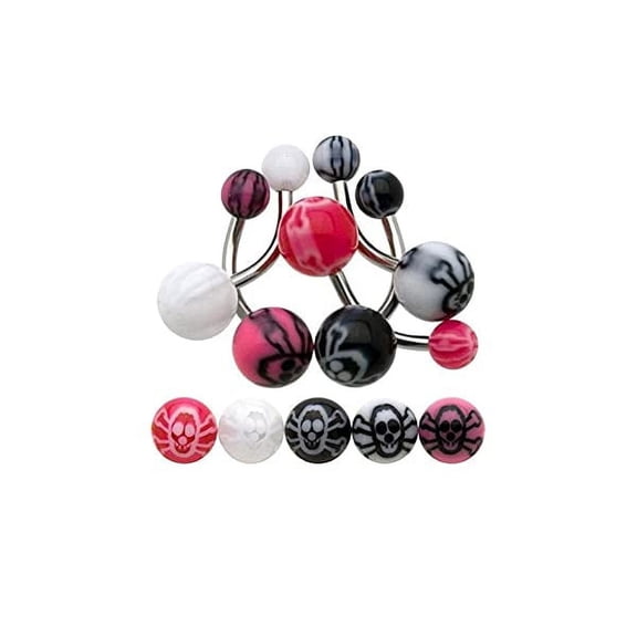 Skull & Cross Bones Belly Ring UV 14G (1.6mmx 11.2mm) (Black & Pink)