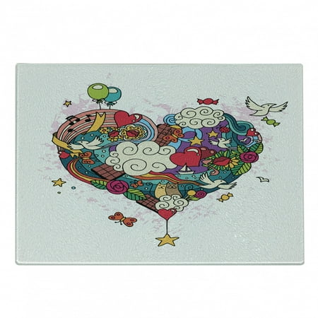 

Love Cutting Board Hand Drawn Love Doodle Hearts Clouds Cats and Birds Baloons Giant Heart Shape Decorative Tempered Glass Cutting and Serving Board Small Size Multicolor by Ambesonne