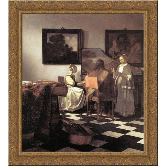 The Concert 20x22 Gold Ornate Wood Framed Canvas Art by Vermeer, Johannes