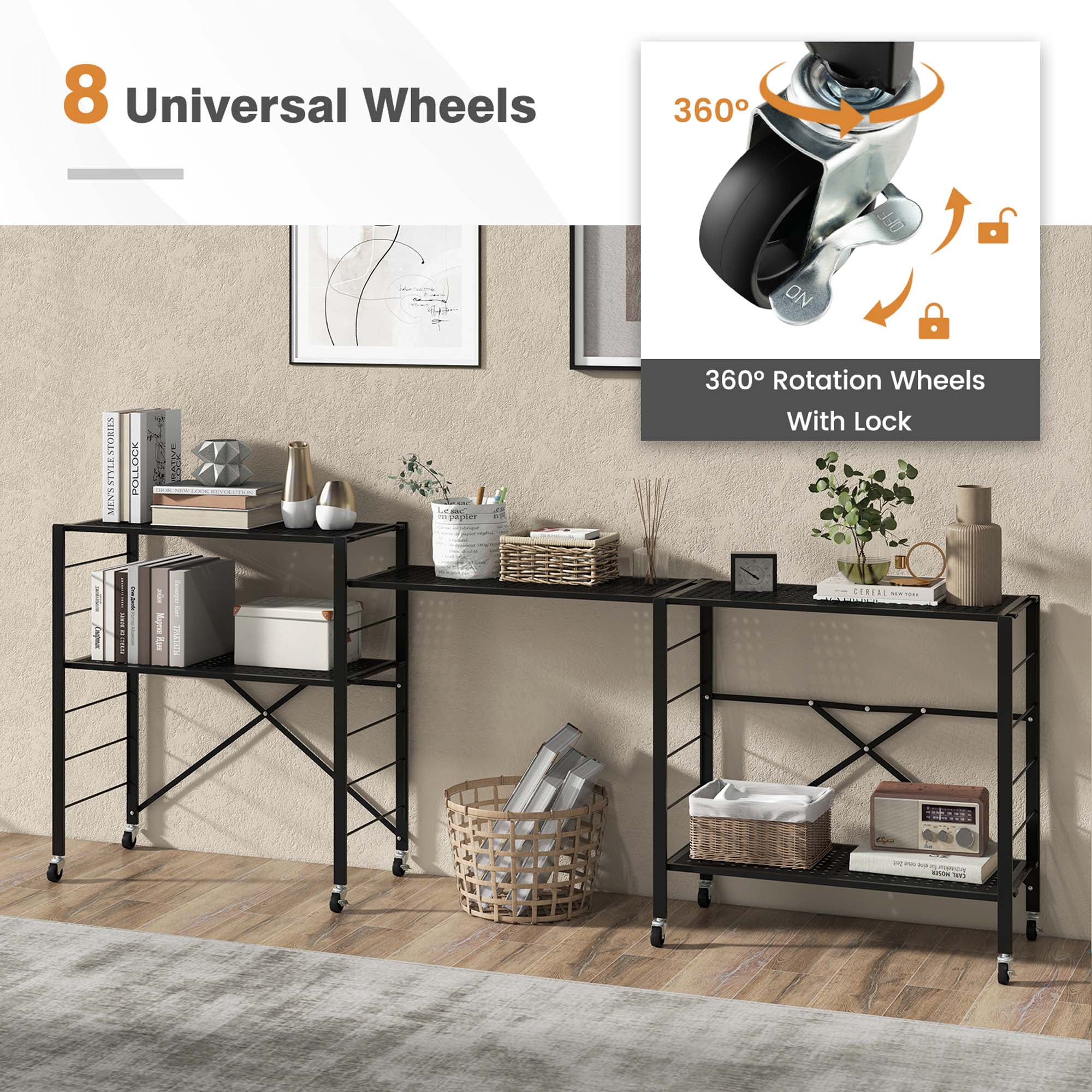 Costway 2 PCS Foldable Storage Shelves Adjustable Collapsible Organizer Rack with Wheels