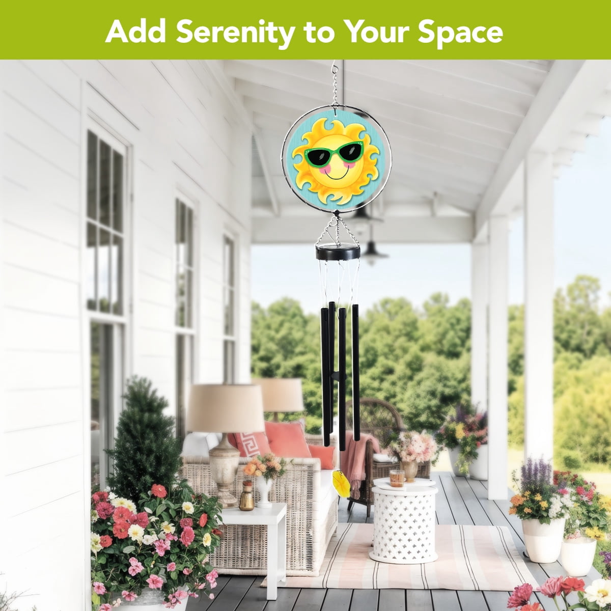 Briarwood Lane LED Illuminated Solar Powered Glass Suncatcher  Wind Chime 37x8 Hello Summer Sun For Summer Wind Chime For Outdoors Melodic Metal Windchimes Wind-Chimes
