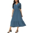 thumbnail image 2 of INSPIRE CHIC Robe Bohème pour Femme à Volants Manches Courtes Col en V Pois Suisses Robe Midi à Étages Robe de Plage Smockée Bleu m, 2 of 5