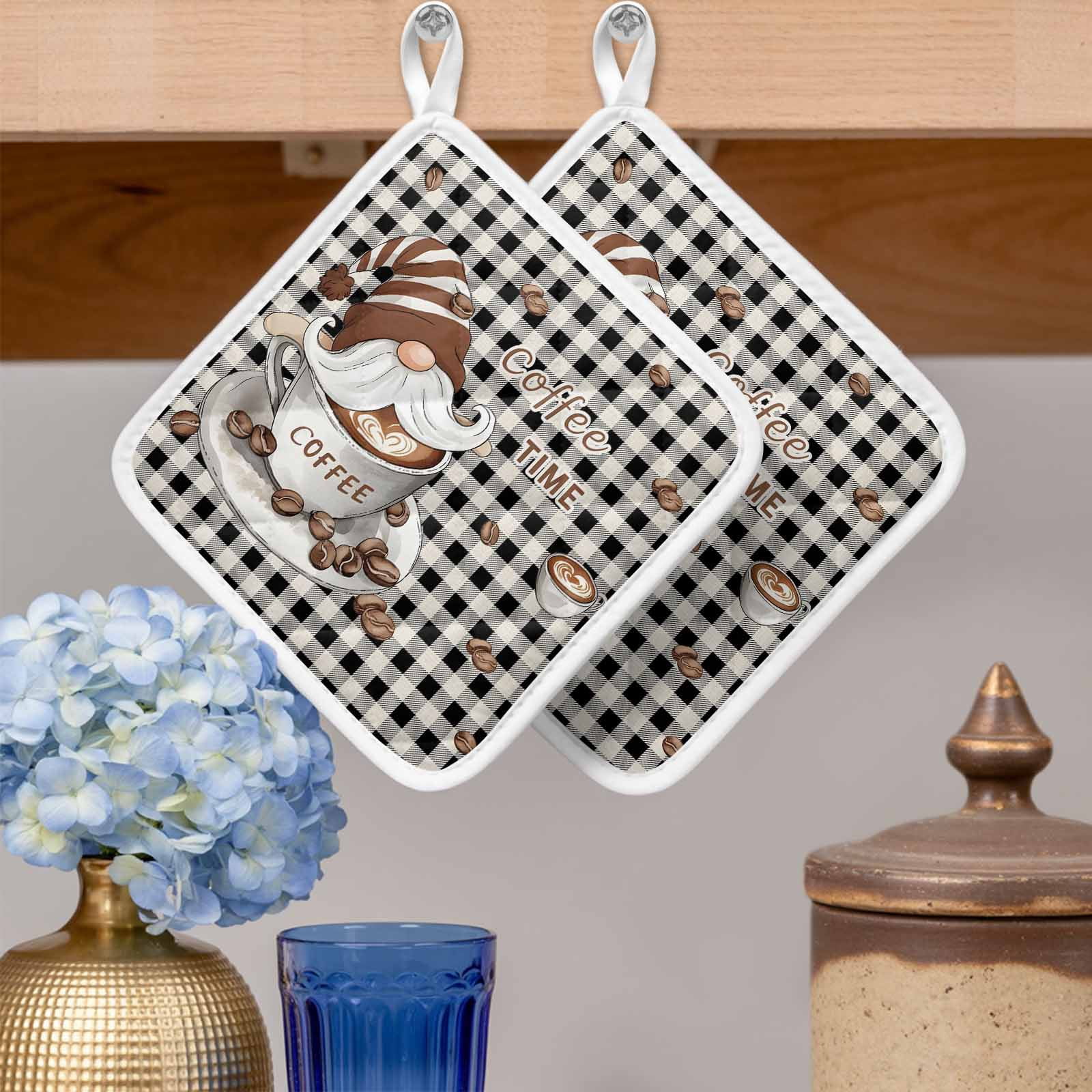 Coffee Gnomes Pot Holders for Kitchen Heatproof Potholder, 5 Pack Farmhouse Brown Bean Plaid Black Grey Hot Pads Multipurpose Oven Pads Cloth Potholders Trivet for Cooking Baking