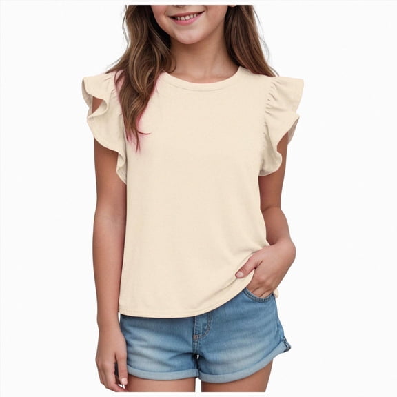 TAmten Girls Ruffle Short Sleeve T Shirts Kids Summer Crewneck Tops Cute Tees Blouse(Beige,6-7 Years)