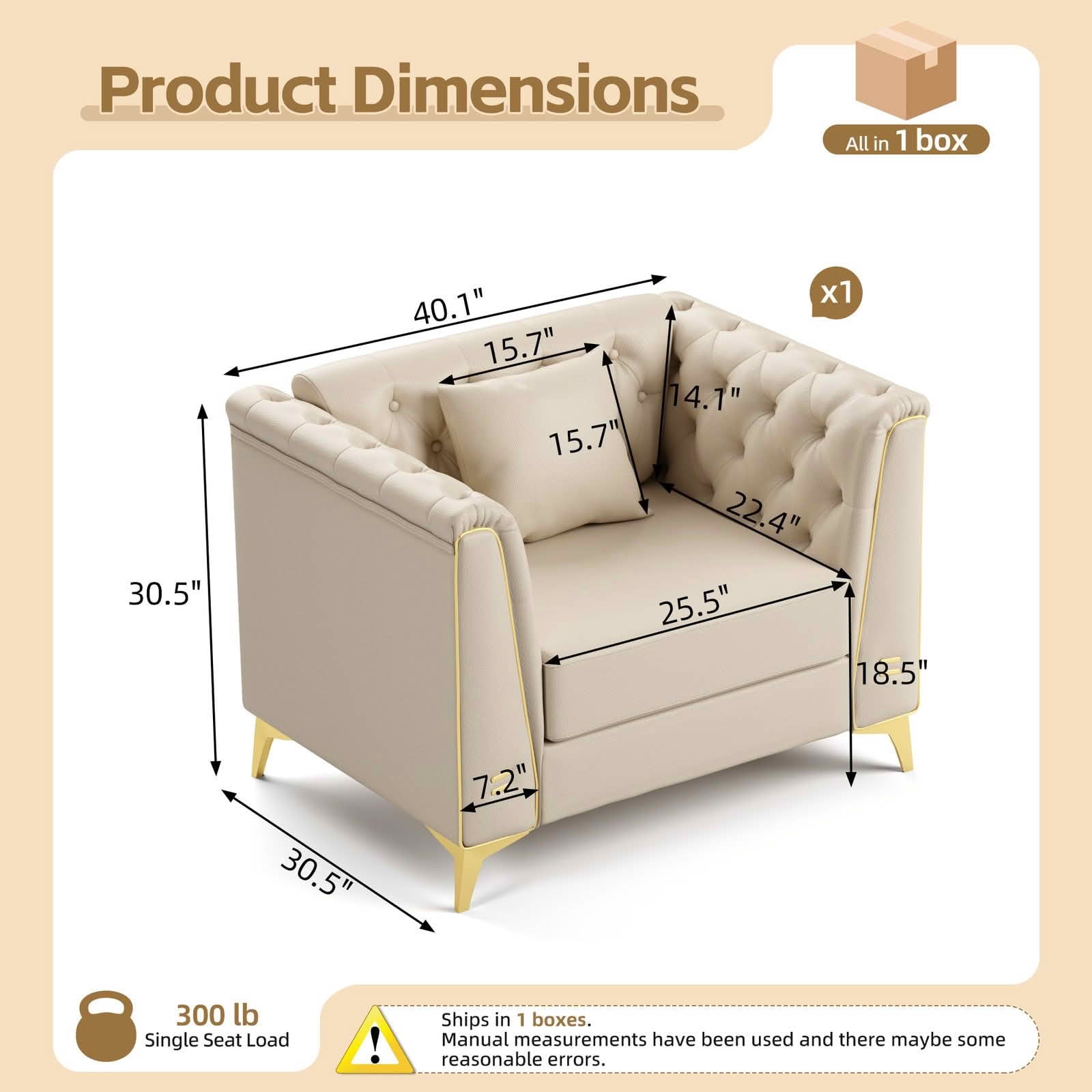 MAYEERTY 40.1" Light Luxury Modular Chesterfield Single Sofa, Faux‑Leather Chair with Button Tufting, Metal Trim Armrest & Thin Metal Legs, 1 Pillow Included