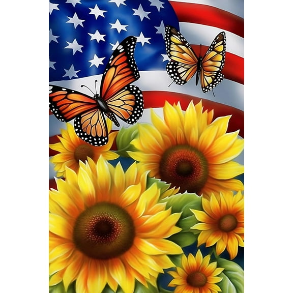 - Sunflower Flower Theme Artwork - American Flag Sunflower Landscape Canvas Prints - Painting Art, Dining Room Wall Decor Ideas, Art Deco Frameless 8x10inch