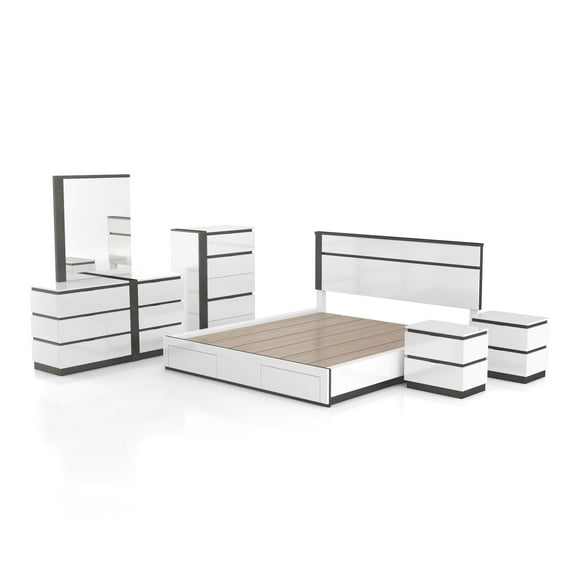 FOA Misti 6pc Wood White Bedroom Set-King 2 Nightstands Chest Dresser Mirror