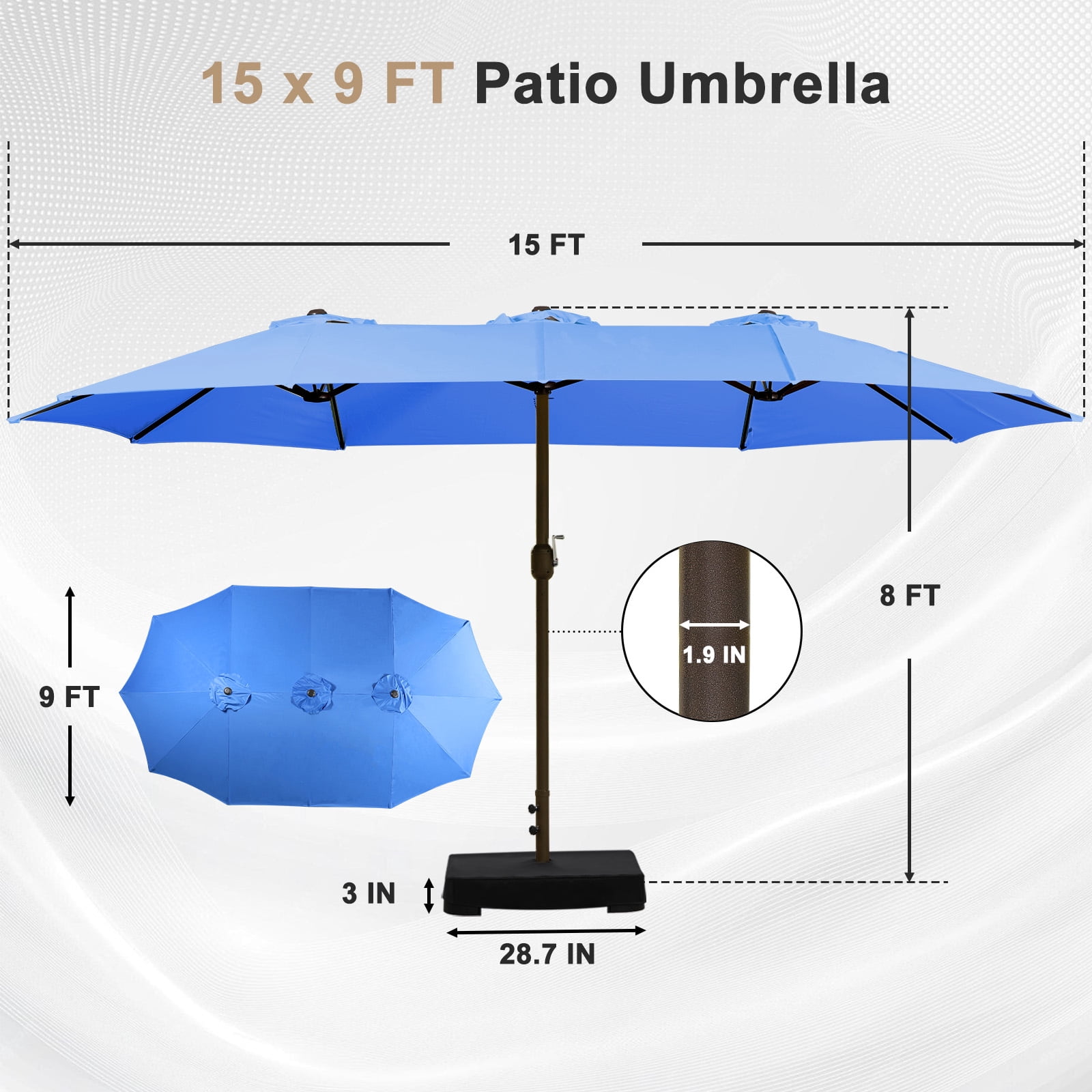 BPS 15ft Patio Umbrella with Base, Rectangle Outdoor Umbrella with Stand for Poolside, Lawn, and Backyard - Blue