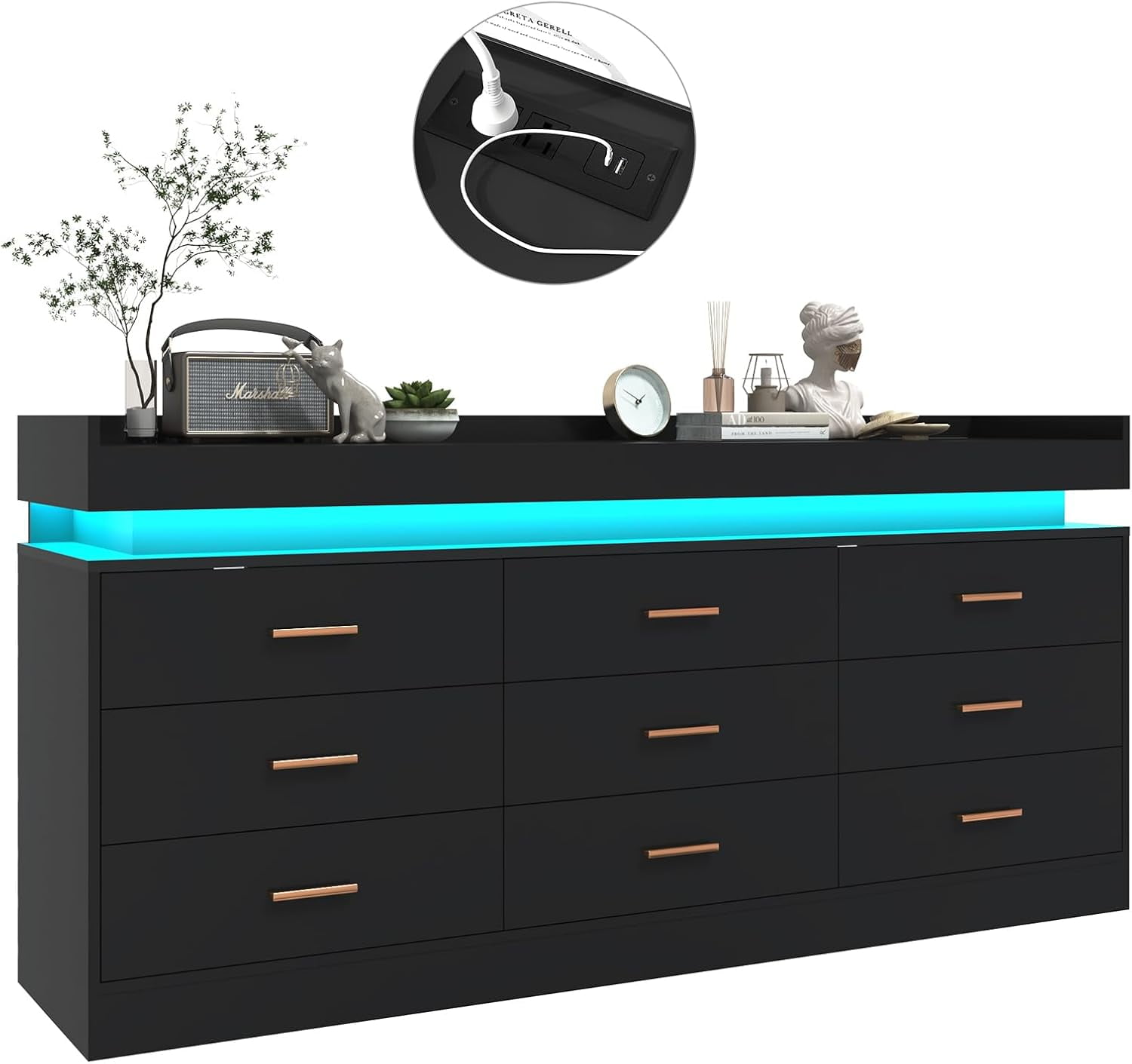 ANPOO 9 Drawer Dresser with LED Lights and Charging Station, Modern Double Wide Chest of Drawers with Power Outlet for Bedroom, Living Room