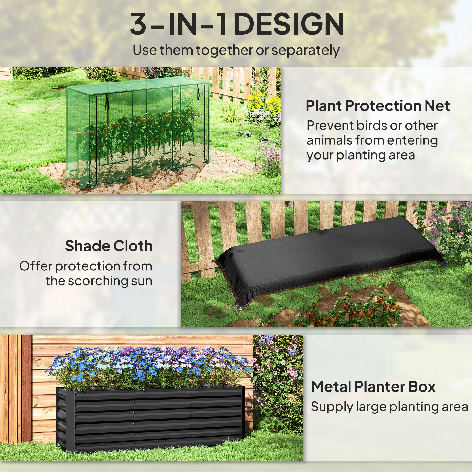 Raised Garden Bed, Galvanized Steel Planter Box with Crop Cage and Shade Cloth, for Flowers, Veggies and Herbs
