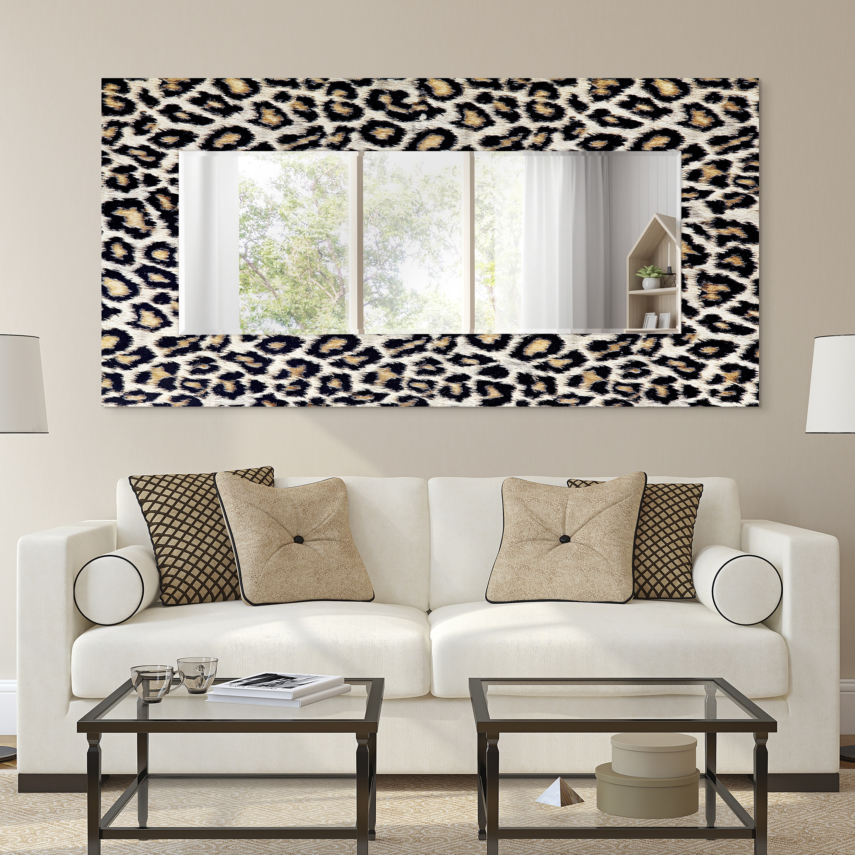 Empire Art Direct Leopard Rectangular Beveled Mirror on Free Floating Reverse Printed Tempered Art Glass, 72" x 36" x 0.4", Ready to Hang
