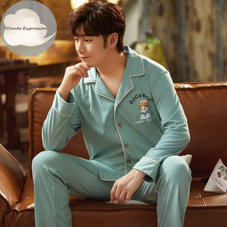 

QWZNDZGR Spring Autumn Knitted Cotton Cartoon Men s Pyjamas Striped Pajamas Set Casual Male Sleepwear Pyjama Night Pijamas 3XL Homewear