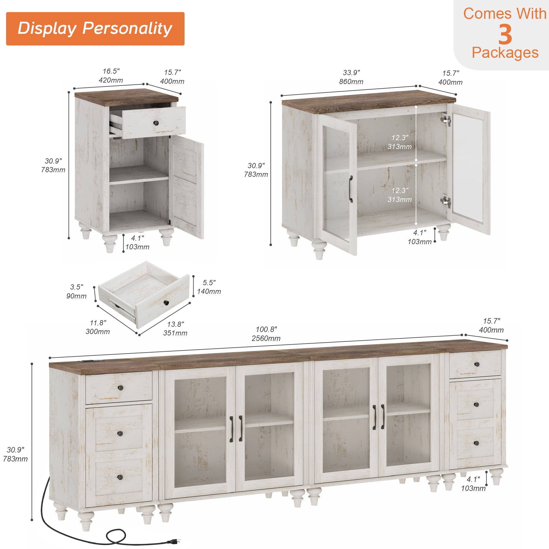 WAMPAT TV Stand for 100-Inch TV, Wood TV Console Table for 85/90/95-Inch TVs, Entertainment Center with Charging Station & Glass Door, Rustic White Kitchen Sideboard Buffet Cabinet for Dining Room