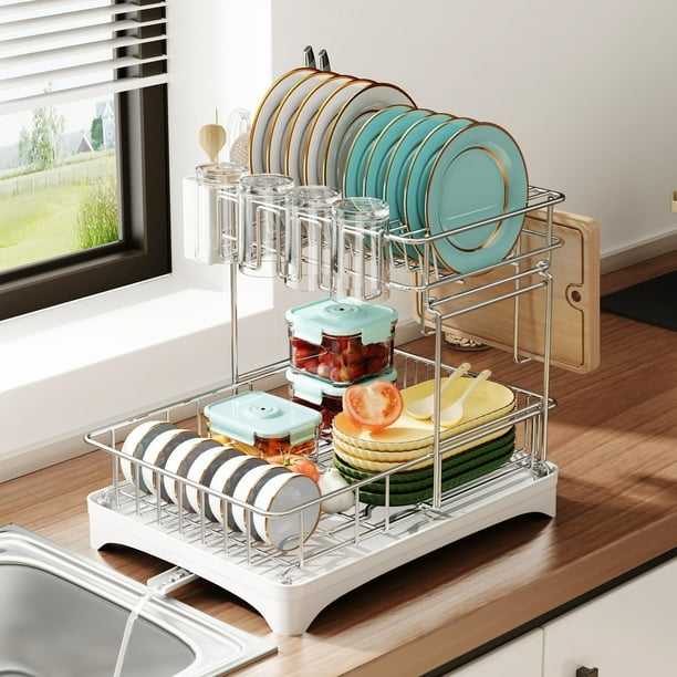 2 Niveles Escurridor de Trastes sobre Fregadero, Sistema de Drenaje Automático, Escalable escurridor de Platos(30.5-57.5cm W) X(42-54cm D) con Portavasos, Escurridor de Trastes Acero Inoxidable