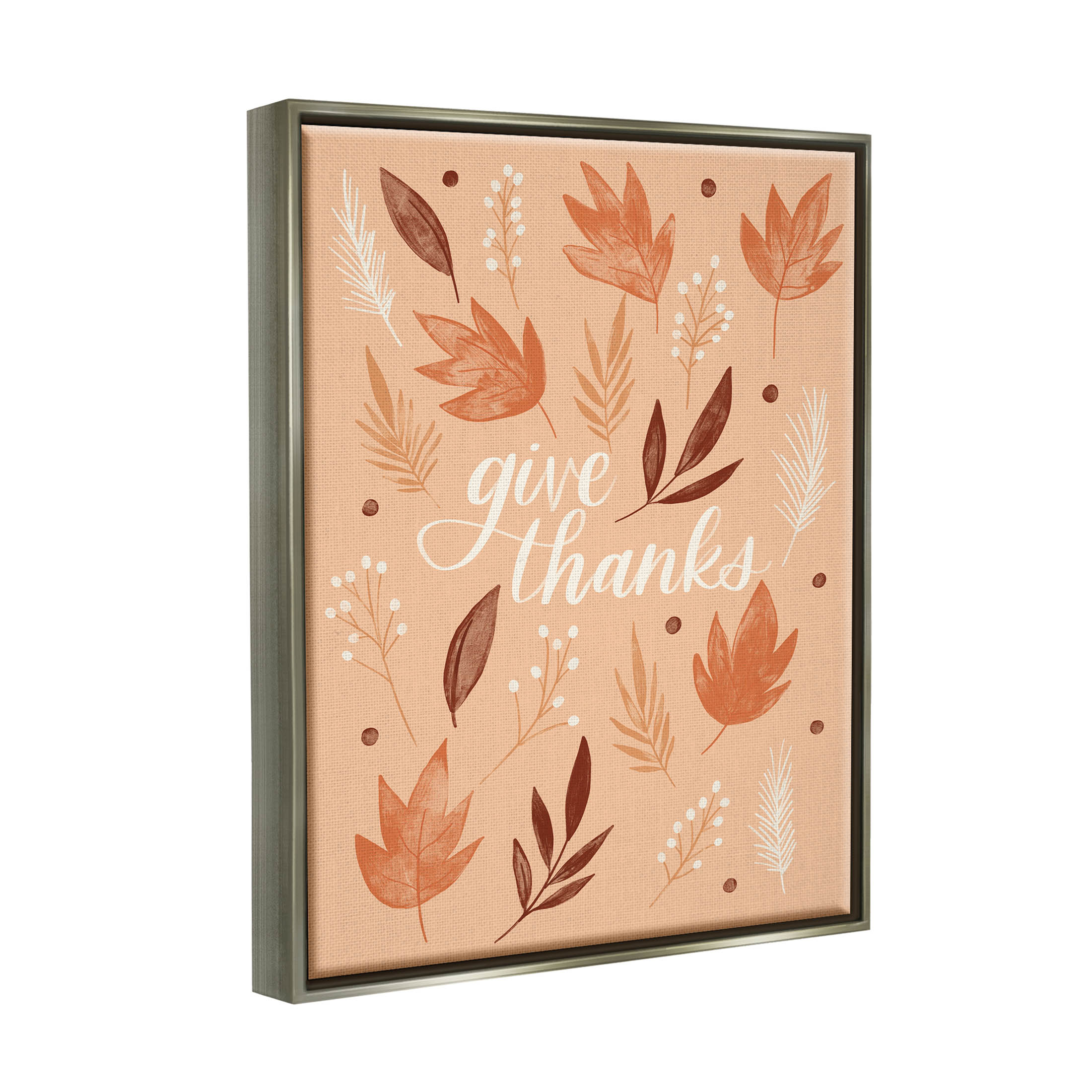 Give Thanks Autumnal Leaves Holiday Graphic Art Luster Gray Framed Art Print Wall Art