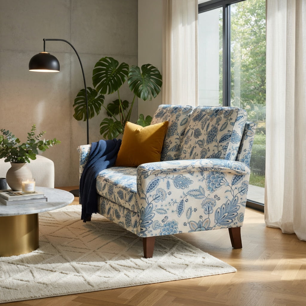 Hommoo Farmhouse Boho Accent Chair with Solid Rubber Wood Legs, High-Back Linen Upholstery, Ergonomic Design, Living Room, Bedroom, Blue