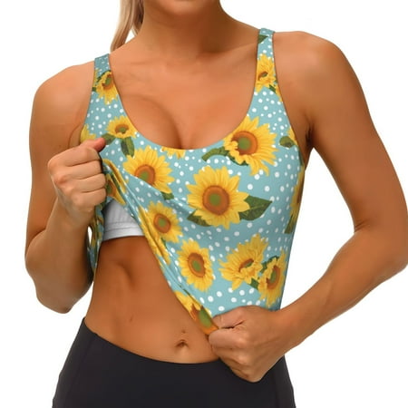 Qokaie White Polka Dot Sunflower Pattern Womens Scoop Neck Sports Bra Breathable Workout Vest Padded U Back Medium Impact Fitness Gym Yoga Bra Workout Crop Top