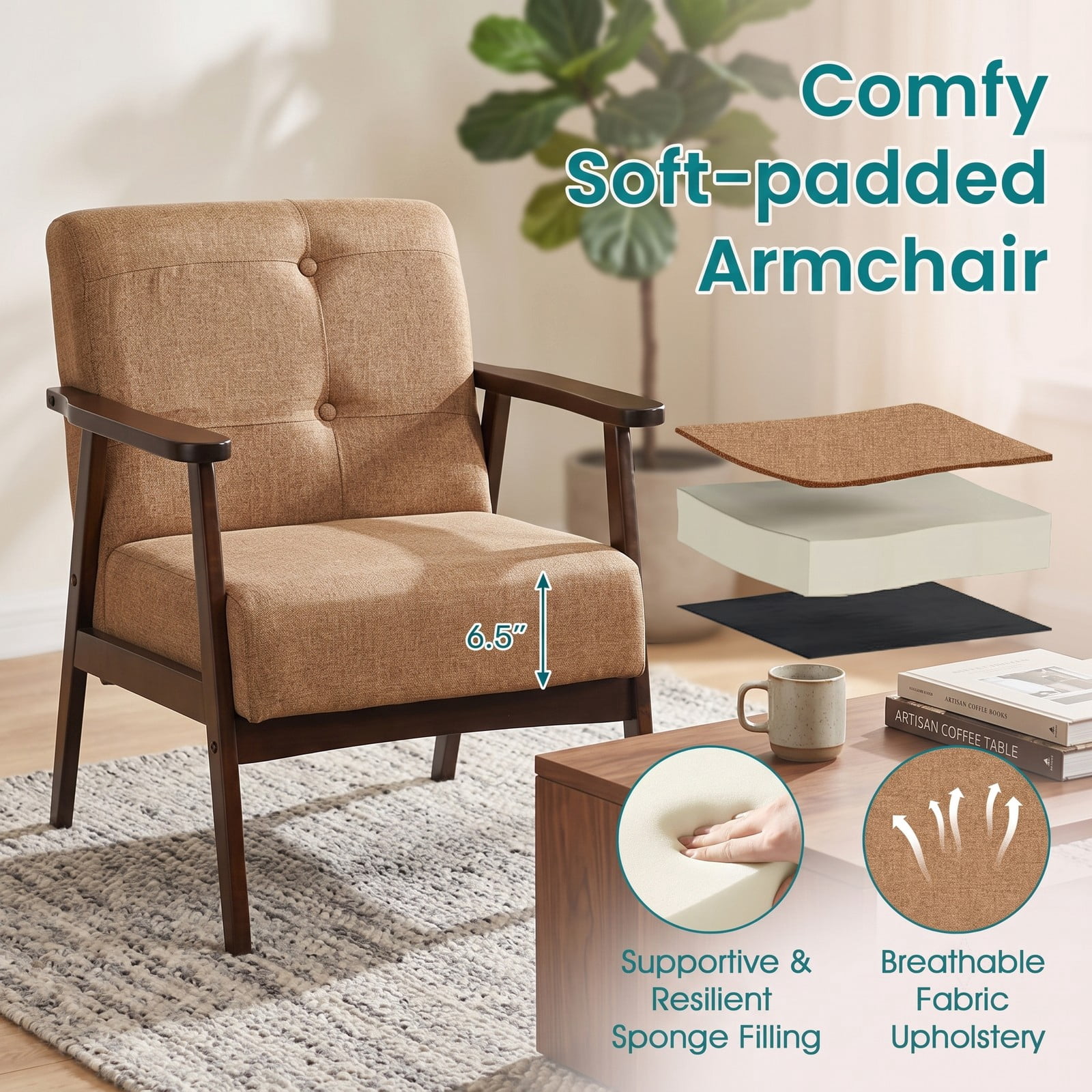 Furnibear Upholstered Accent Chair, Mid-Century Rubber Wood Armchair with Linen Padded Seat and Button-Tufted Backrest for Living Room Bedroom Reading Nook, 330, Beige