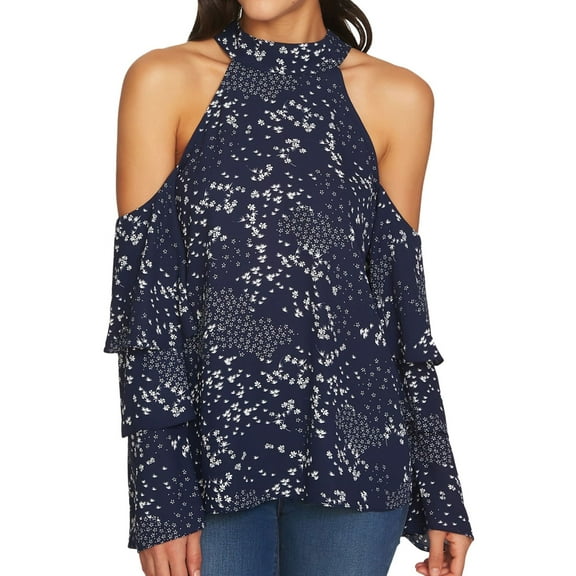 1.STATE Womens Printed Knit Blouse, Blue, X-Small