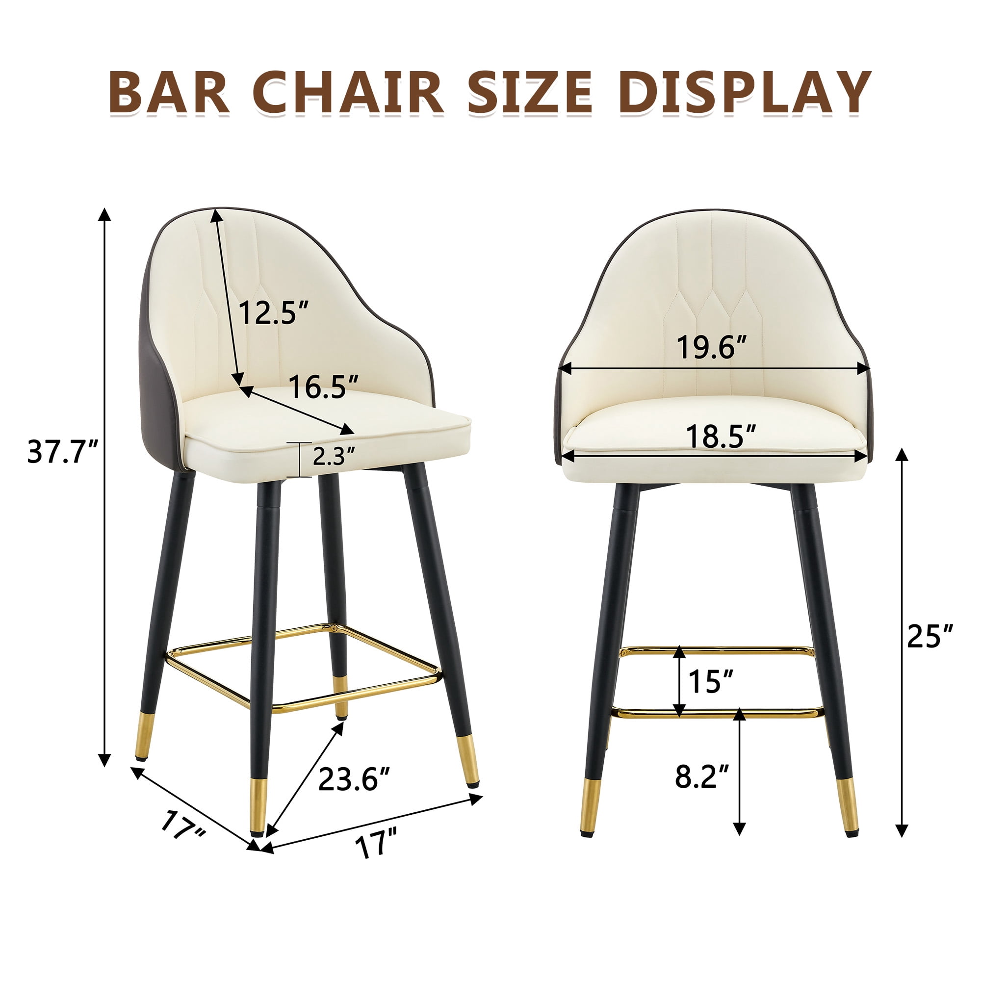 Mintazer Modern Bar Stools Set of 2, Waterproof PU Leather Bar Stool with Backrest & Gold Accent Footrest, Counter Height Bar Chairs for Kitchen Island, Black & White