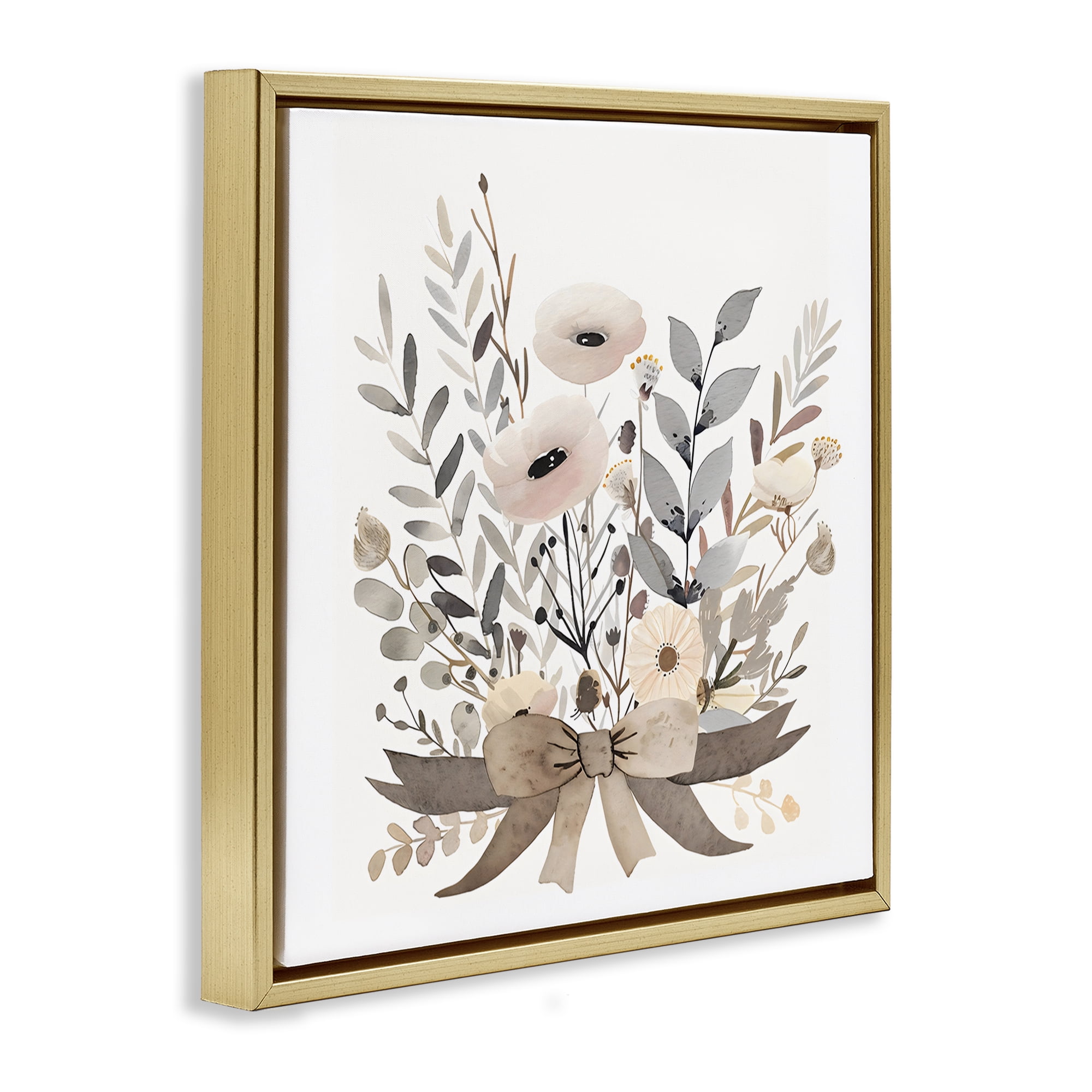 Stupell Industries Neutral Floral Bouquet Beige Gold Framed Floater Canvas Wall Art, design by Creative Studio