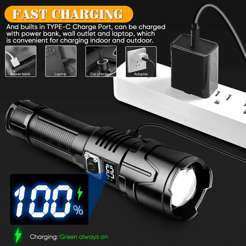 High Lumens Rechargeable Tactical Flashlight with Digital Power Display and Power Bank Function, 3Modes Super Bright Waterproof LED Zoom Flashlight for Camping, Hiking (Included 26650 Battery)