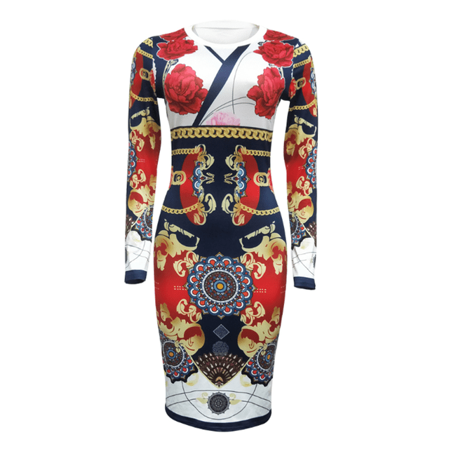 ZAXARRA Jupe Dames Manches Complètes Col Rond Fleur Motif Imprimé Robe Adaptée à la Peau