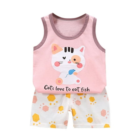 

Toddler Kids Baby Boys Girls Clothes Set Fashion Cute Cartoon Print Sleeveless Two-piece Suit Round Neck Tank Tops with Shorts