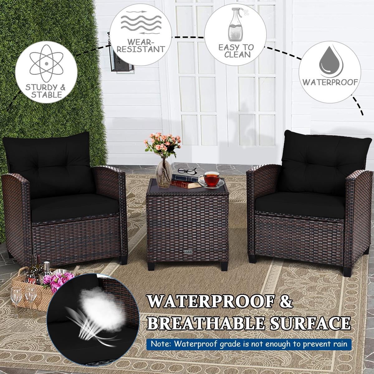 Giantex 3 Steel Patio Outdoor Conversation Sets with Sofa and Table, Black/Black