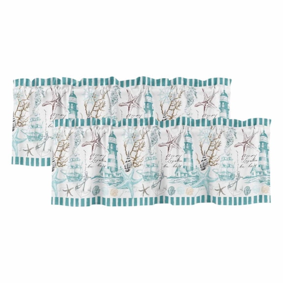 Turquoise Ocean Curtain Valances for Windows, Kitchen Valance Window Treatments Panel 2 Pack, Coastal Nautical Lighthouse Starfish Rod Pocket Short Curtains for Bathroom Bedroom 54 x 18 Inch