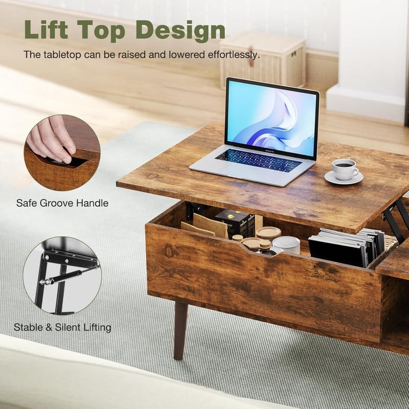 Kelno Lift Top Coffee Table with Hidden Storage Adjustable Height Wood Center Table with Shelf,Rustic Brown
