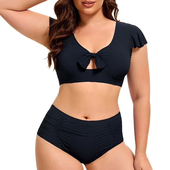 JIAYUE Women Swimsuit Sets Ruffle Sleeve Scoop Neck Solid Color Two Piece High Waisted Bikini With Backless Tankini Top And Boy Shorts Bottoms Stylish Female Swimwear