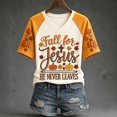 thumbnail image 2 of Women's Fall Football Shirts Pumpkin Maple Leaves Patchwork Print T-Shirt Pumpkin Season V Neck Graphic Tee Rose Gold S, 2 of 4