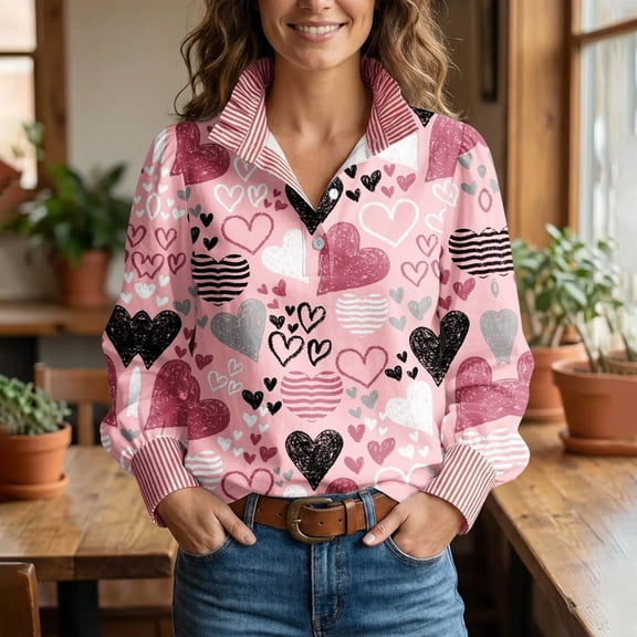 Heart Blouses for Women Valentine Long Sleeve Button Up Dressy Lapel Collared Shirts Cute Casual Outfits
