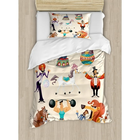 - Circus Duvet Cover Set, Circus Performance Fun Athlete and Animals Horse Heavy Lifting Themed Colorful Print, Decorative Bedding Set with Pillow Shams, Multicolor, by Ambesonne