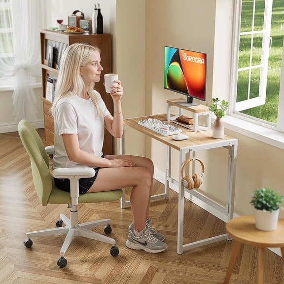 Folding Desk with Monitor Stand, 31.5 Inch Foldable Computer Desk with Hook, Sturdy Small Space Saving Writing Table for Home Office Dorm, Oak