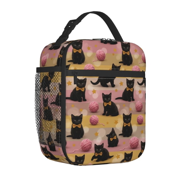 Black Cat Lunch Bag Portable Insulated Box, High Capacity Thermal Handbag for Work Outdoor Picnic Travel