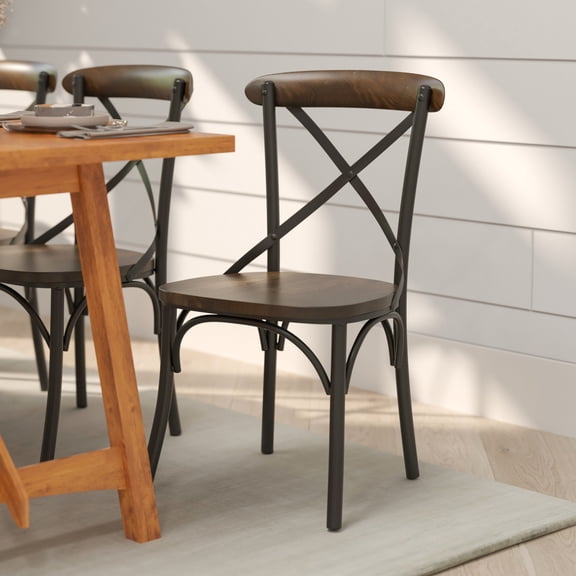 Merrick Lane Industrial Style Metal X-Back Dining Chair with Hand Stained Fruitwood Finished Seat and Back