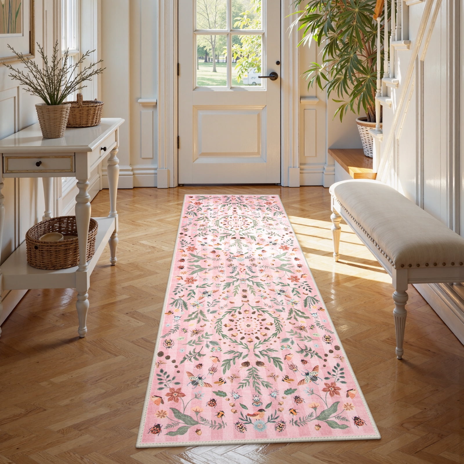 Wonnitar 2x6 Insect Kitchen Runner Rug, Ultra Thin Pink Boho Floral Runners for Hallway, Soft Low Pile Washable Runner Rugs, Non Slip Rug Runner for Entryway Laundry